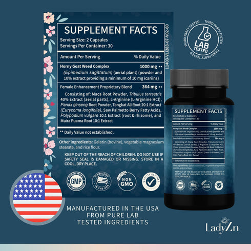 LadyZn 60 Lady Libido Supplement for Women Support Mood, Drive & Energy, with Hornygoatweed & Maca Root | Female Libido