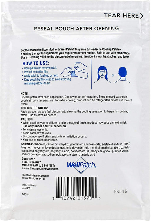WellPatch Cooling Headache Pads, Migraine Relief, 4 Large Patches - 4.3 x 2 Inch (Pack of 6)