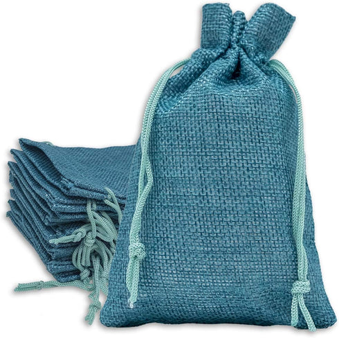 12-Pack Natural Burlap Gift Bags 5.5x7.75 (Teal Blue, Medium) with Drawstring for Party Favors or DIY Craft