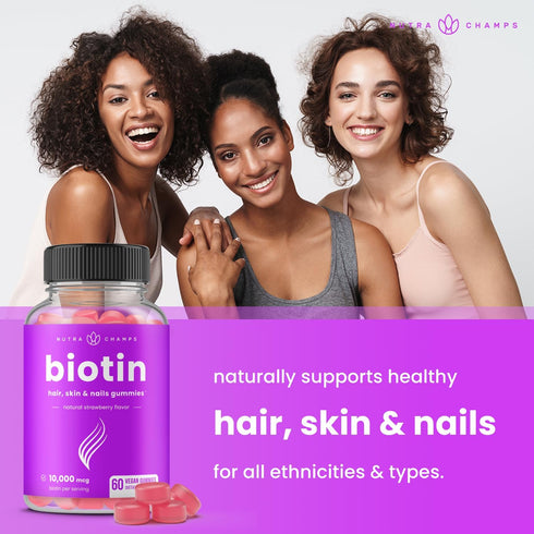 NutraChamps Biotin Gummies 10000mcg for Healthy Hair, Skin & Nails Vitamins, Vegan, Non-GMO, 5000mcg Each