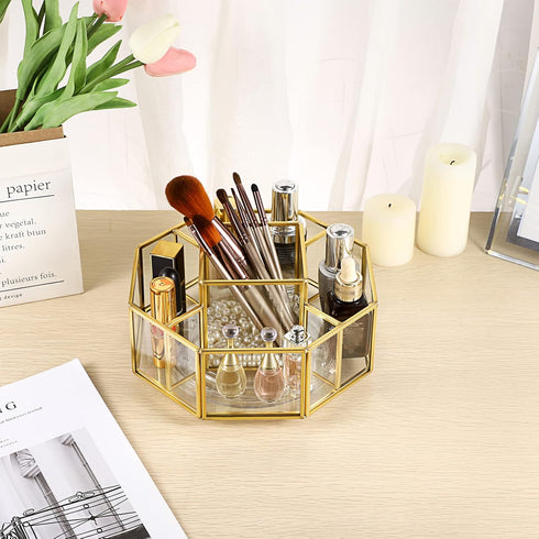Hipiwe 360 Degree Rotating Glass Makeup Organizer, 5 Slots, Gold Metal Cosmetic Storage Display Holder