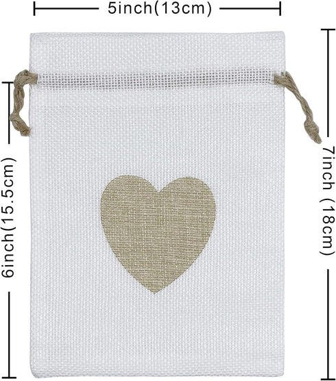 Jexila 24PCS Burlap Drawstring Gift Bags 5X7 Inches Heart Print Linen Burlap Jewelry Gift Bags Fabric Cloth Candy Goodie Pouches for Wedding Shower Party Favor,Coffee,DIY Craft Bags