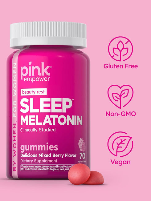 PINK Melatonin Gummies | 10mg Max Potency, Vegan, Non-GMO & Gluten Free, 70 Count, Mixed Berry Flavor