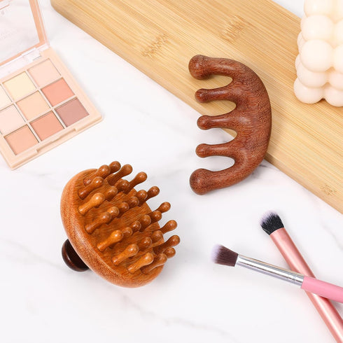 Trinkrittey 2 Pack Wooden Scalp Massager Comb Wooden Hair Brush Head Gua Sha Brush Hair Scrubber Portable Handheld
