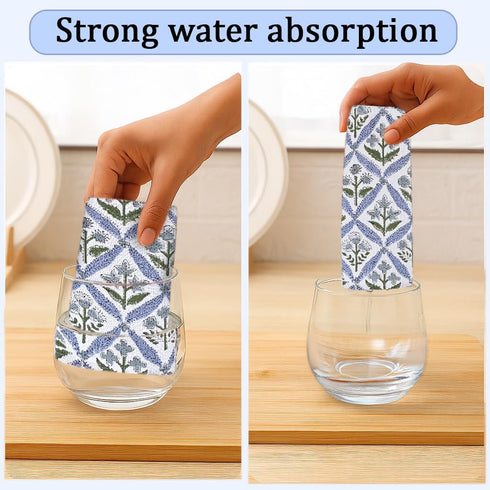 Set 12-12x12 Inch Ridhi Light Steel Blue Hand Block Print Cotton Waffle Dish Cloth of Super Absorbent, Soft, Reusable