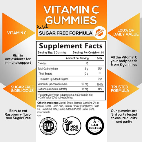 Sugar Free Vitamin C Gummies - Immune Support & Antioxidant Vitamin Dietary Supplement - Vegan, Non-GMO, Dairy & Gluten Free C Gummy Vitamins - Raspberry Flavor for Kids & Adults - 120 Count Gummies