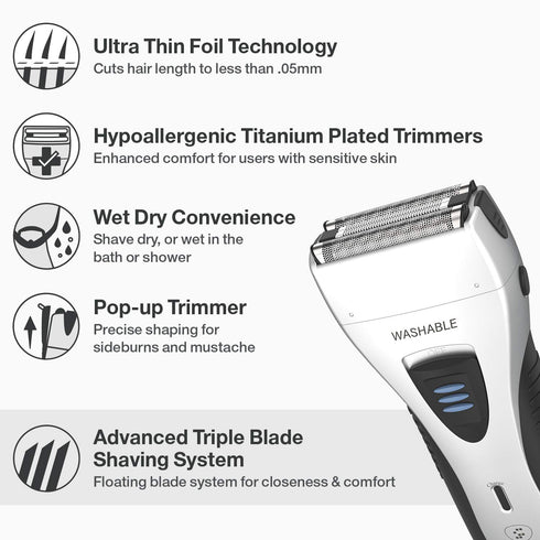 YASUN Foil Shaver, Electric Razor, Wet/Dry Waterproof, Cordless Rechargeable Mens Razor, Silver & Black