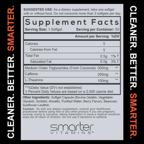 SmarterVitamins 200mg Caffeine Pills - MCT Oil from 100% Coconuts + 100mg L-Theanine, Energy Focus, 50 Liquid Softgels