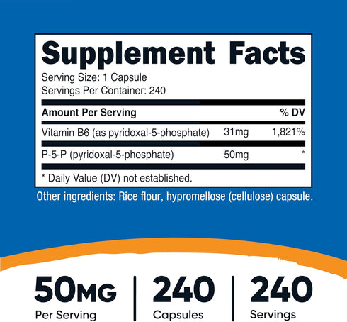 P5P B6 50mg, 240 (Pyridoxal-5-Phosphate) Nutricost Vitamin Supplement Capsules - Vegetarian Friendly, Non-GMO, Gluten