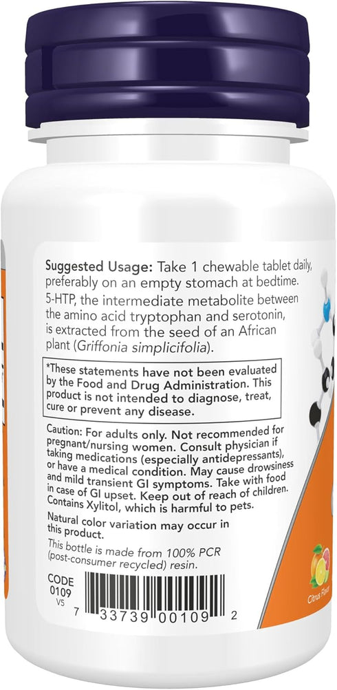 NOW Supplements, 5-HTP 100 mg, Neurotransmitter Support*, 90 Chewables