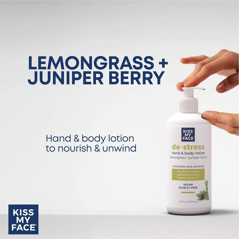 Kiss My Face De-Stress Hand & Body Lotion, Lemongrass + Juniper Berry, Vegan & Cruelty-Free, 16 fl oz Bottle