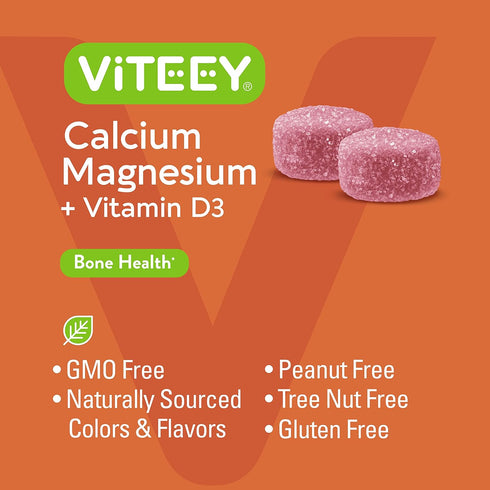 Calcium Gummies with Vitamin D3 & Magnesium - Chewable Fruit Flavored Supplements for Bone Health, 60 Count