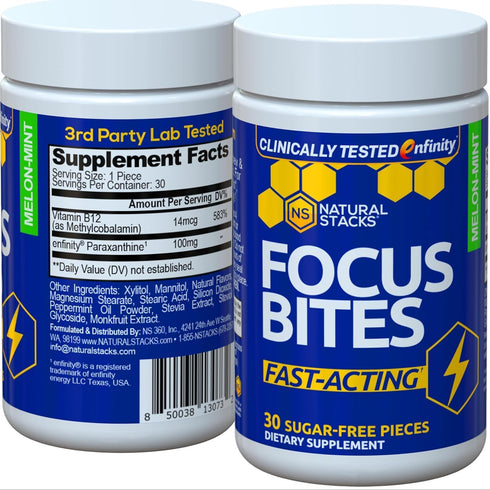 NATURAL STACKS Focus Bites for Productivity & Cognition | Clinically Tested Paraxanthine Supplement | 30 Melon Mint