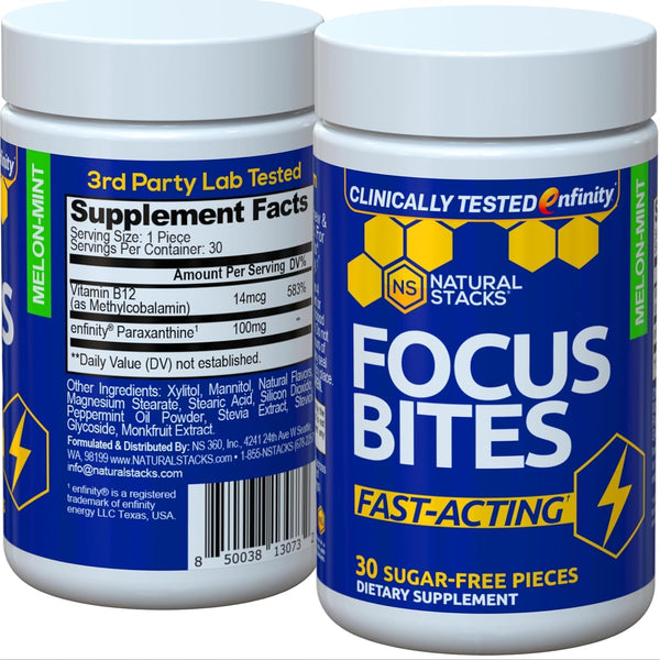 NATURAL STACKS Focus Bites for Productivity & Cognition | Clinically Tested Paraxanthine Supplement | 30 Melon Mint