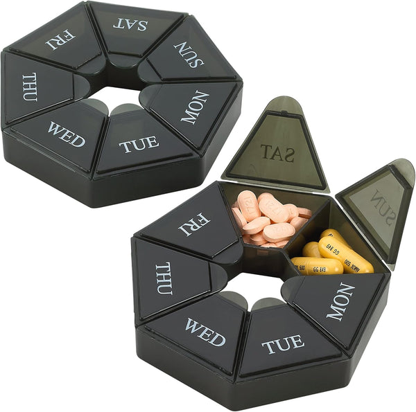 Weekly Pill Organizer - 2 Pack 7-Day Pill Container, Arthritis Friendly Portable & Compact Travel Case for Supplements,