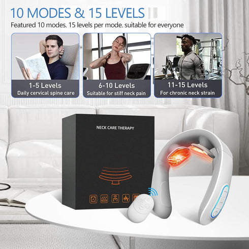 Electric Pulse Neck Massager with Heat for Pain Relief, 10 Modes, 15 Intensities, Cordless Intelligent Massager for