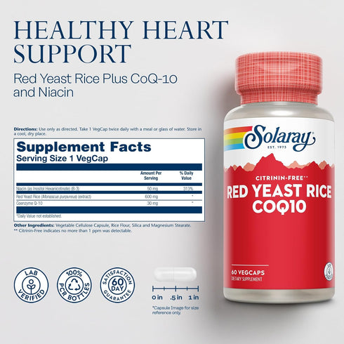 SOLARAY Red Yeast Rice Plus CoQ-10 & No-Flush Niacin Vitamin B-3, Healthy Heart & Cardiovascular Support, Non-Irradiated & Citrinin Free, 60 Day Money Back Guarantee, 60 Servings, 60 VegCaps