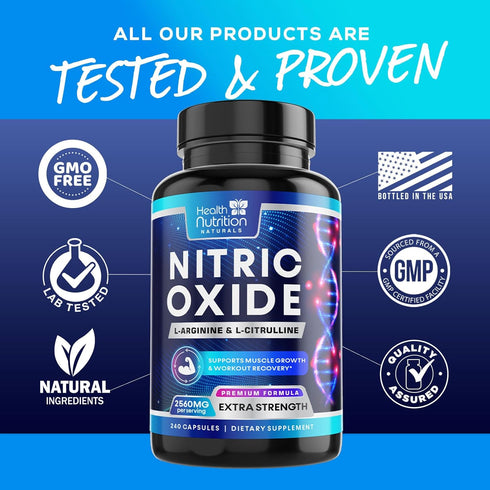 Extra Strength Nitric Oxide Supplement L Arginine 3X - Citrulline Malate, AAKG, Beta Alanine - 240 Capsules
