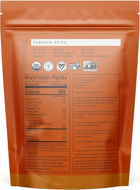 Truvani Vegan Pea Protein Powder | Pumpkin Spice | 20g Organic Plant Based Protein | 10 Servings | Gluten & Dairy Free