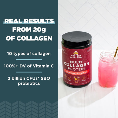Ancient Nutrition Collagen Powder Protein, Multi Collagen Protein Powder, Strawberry Lemonade, 24 Servings, 9.65oz