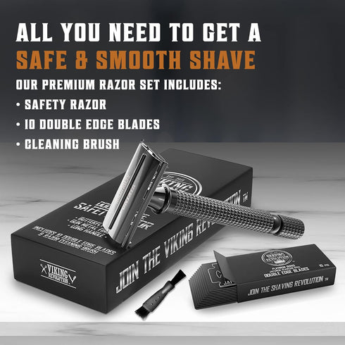 SHAVING REVOLUTION Long Handle Double Edge Safety Razor - Butterfly Open Razor with 10 Blades