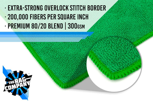 The Rag Company All-Purpose Microfiber Terry Cleaning Towels, 300gsm, 14in x 14in, Green, 12-Pack, Lint-Free