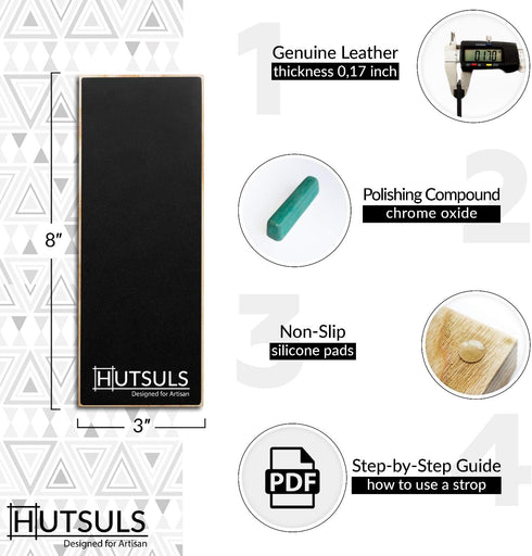 Hutsuls Leather Strop Block with Compound - Non-Slip Leather Stropping Block & Step-by-Step Guide for Razor-Sharp Edges
