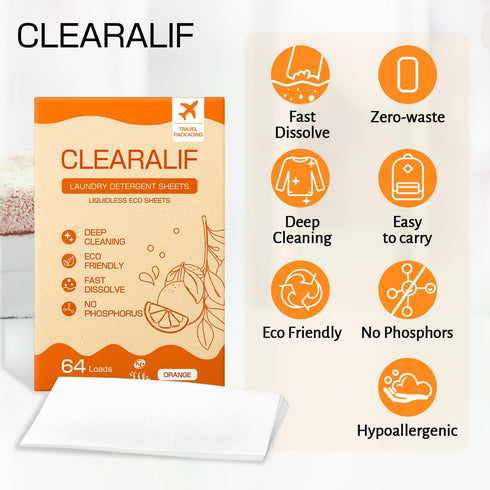 CLEARALIF Laundry Detergent Sheets, Eco Friendly & Hypoallergenic, Orange, 64 Load, CLEARALIF Strips