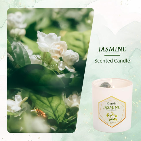 Kamria 7oz Jasmine Scented Candle with Crystals Inside, Natural Soy Wax Aromatherapy with Green Stones & Gold Flakes