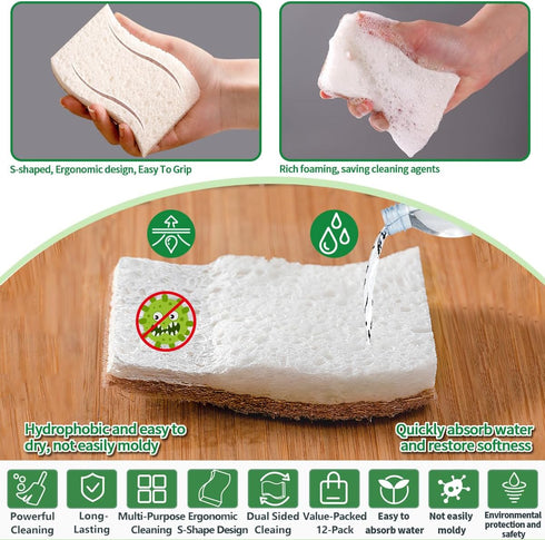 PUCITY DishesPack 12 Sponges Kitchen Natural Dish Sponge Plant-Based Biodegradable Compostable Cellulose with Coconut