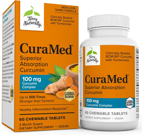 Terry Naturally CuraMed 100mg Curcumin Complex - 60 Chewable Tablets with Turmeric Essential Oil - Supports Liver,