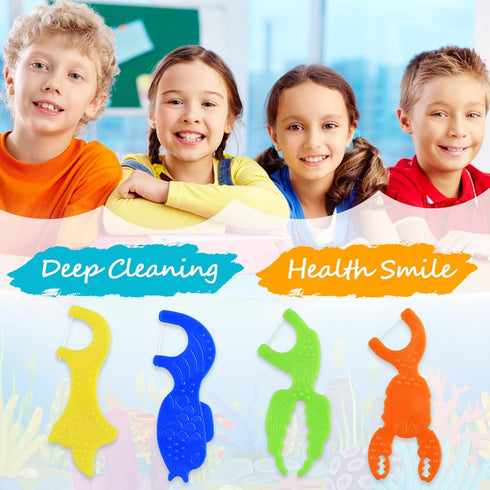 Kids Flossers - Unflavored Kids Dental Floss Picks in 4 Colors Ocean Animals Shaped, 50 Count (Pack of 4)