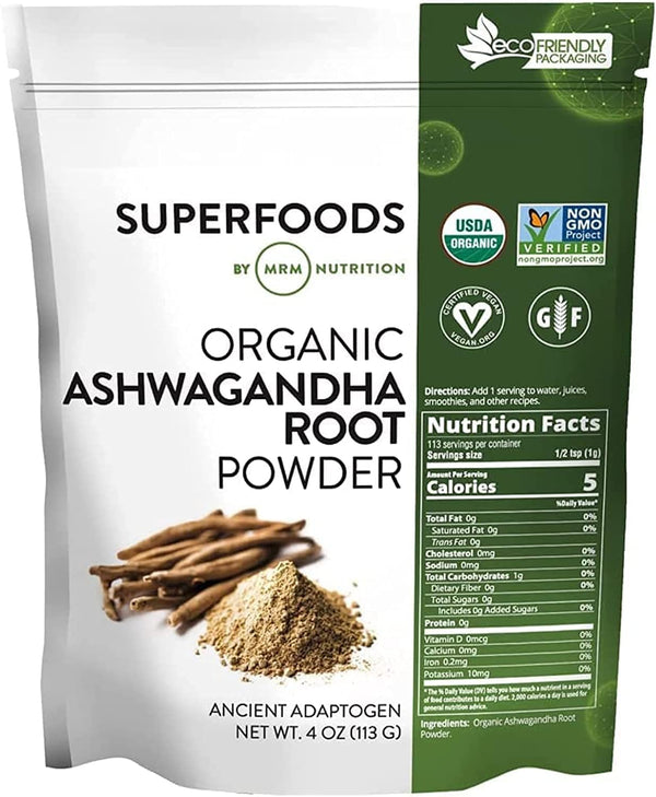 MRM Nutrition Organic Ashwagandha Root Powder, Superfoods, Vegan + Gluten-free, 113 servings