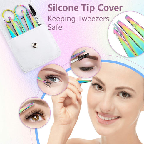 Honoson 6 Pcs Eyebrow Tweezers Set for Women, Precision Tweezers with Curved Scissors and Eyelash Brush, Rainbow Color