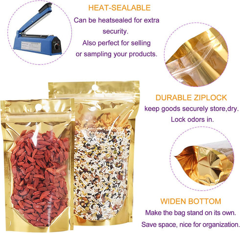 100 Pack Smell Proof Bags with Clear Front Window, 6.3x9.5+3 inch Resealable Stand Up Food Storage Bags Packaging Foil Mylar Pouches for Small Business, Foods, Party Favors (Gold) by SixWeKit