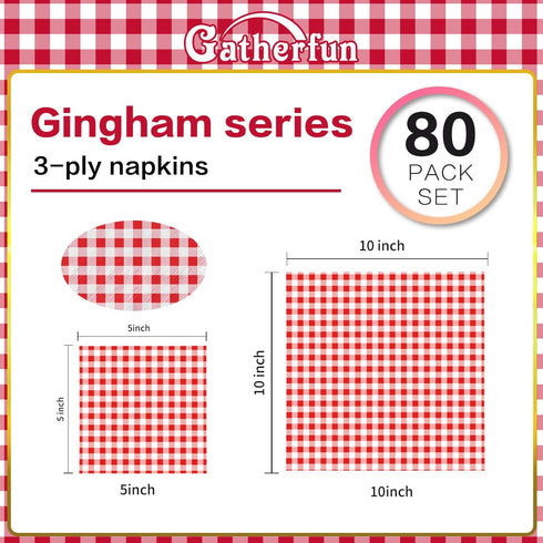 Gatherfun 80PCS Cocktail Napkins, 3-ply Red and White Gingham, Disposable Paper Beverage Napkins for Party, Bar, Picnic