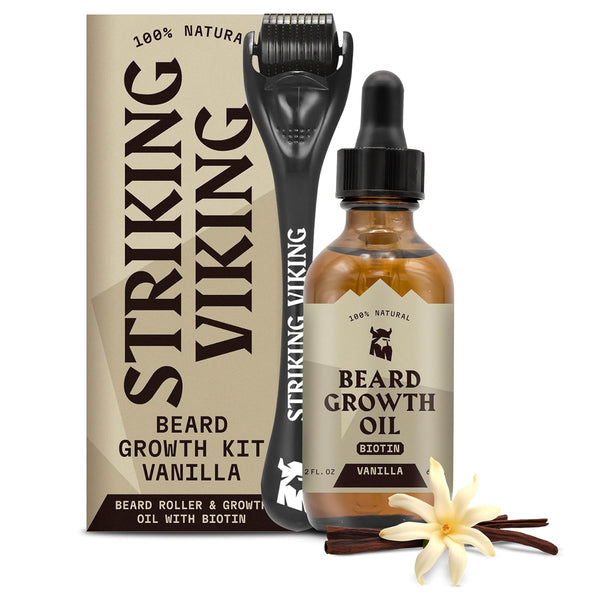 Striking Viking Beard Growth Kit, Beard Growth Oil with Roller for Thickening and Conditioning, Vanilla 2 Fl Oz