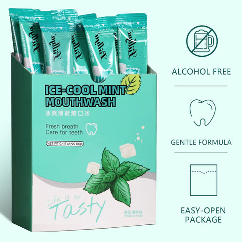 20 Single Packs Travel Size Mouthwash, Alcohol Free, Single Use for Adults, Great for Work, Smokers, Hotels