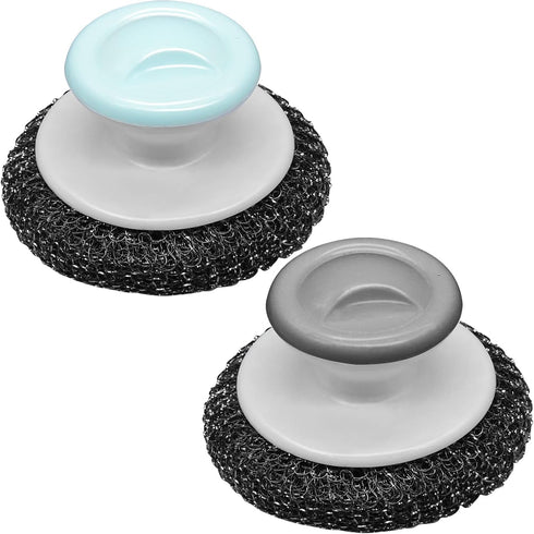 2Pcs Stainless Steel Wool Scrubber with Handle, Heavy Duty Dish Scrubber Cleaning Brush for Pots, Pans, Grills, Sink
