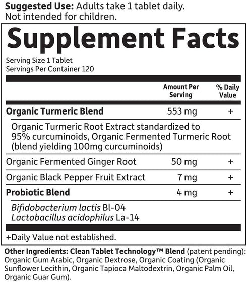 Garden of Life Organics Extra Strength Turmeric - 120 Tablets with 100mg Curcumin, Black Pepper, Probiotics