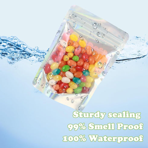 200 Pcs Mylar Bags for Food Storage - 7x10 Holographic Stand Up Resealable Bags for Food, Smell Proof, Black