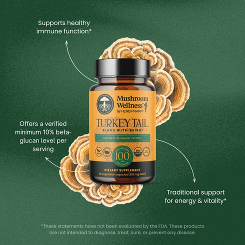 Immune, 90 Mushroom Wellness Turkey Tail Blend with Reishi: Organic Turkey Tail & Reishi Mushroom Capsules, Mushroom