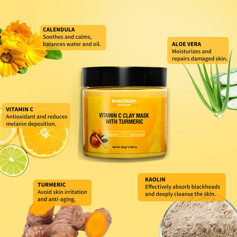 Turmeric Vitamin C Clay Mask, Deep Cleansing Facial Mask, Clay Face Mask Skin Care with Kaolin Clay and Aloe for Pores, Acne, Dark Spots, Hydrating 5.29 Oz (yellow)