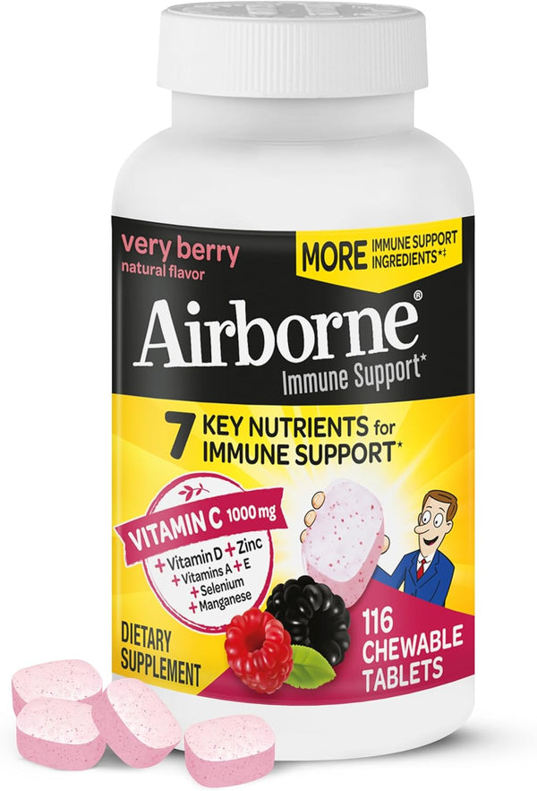 Airborne Vitamin C 1000mg Chewable Tablets, Very Berry, 116 Count, Gluten-Free Immune Support