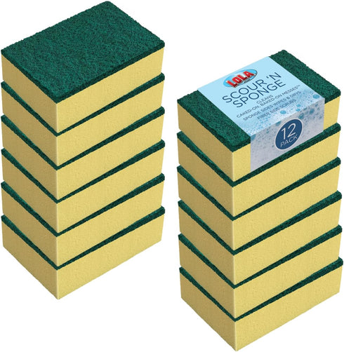 Lola Products Pot Brite Scour N' Sponge - 12 Pack Non-Scratch Dish Scrub Sponge Cleaning Pads, Nylon & Polyester