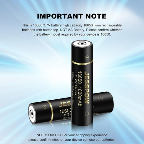 16650 Rechargeable Battery, 1800mAh 3.7V Li-ion, 2 Pack for Flashlights and Torches