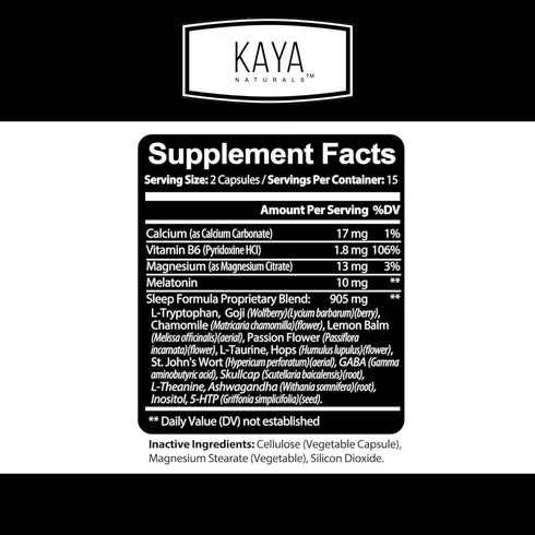 Kaya Naturals - Sleep Support Formula with Melatonin - Aid Support Vitamin Supplement - Sleep Stress and Mood Support - L-Tryptophan, Passion Flower, Ashwagandha and More (30 Count)