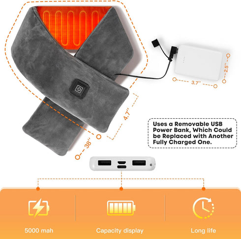 Neck Heating Pad Cordless, Rechargeable Heated Scarf with 5000mAh Power Bank for Neck Pain Relief, Grey