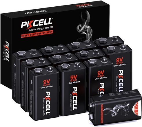 PKCELL 9 Volt Batteries 12 Pack, Ultra Alkaline 6LR61 9V Battery for Smoke