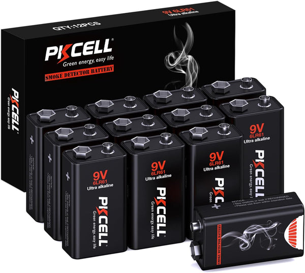 PKCELL 9 Volt Batteries 12 Pack, Ultra Alkaline 6LR61 9V Battery for Smoke